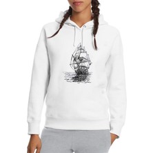 Qivi Amiral Gemisi Çizim Yelkenli Gemi Kalem Baskılı Beyaz Kadın Örme Kapşonlu Sweatshirt Uzun Kol