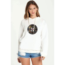 Qivi Rock And Roll Over Kiss Rock Baskılı Beyaz Kadın Örme Kapşonlu Sweatshirt Uzun Kol