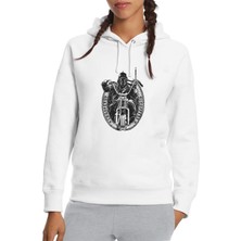 Qivi Motorsiklet Choppers Baskılı Beyaz Kadın Örme Kapşonlu Sweatshirt Uzun Kol
