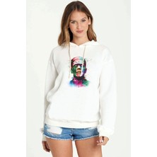 Qivi Frankenstein Baskılı Beyaz Kadın Örme Kapşonlu Sweatshirt Uzun Kol