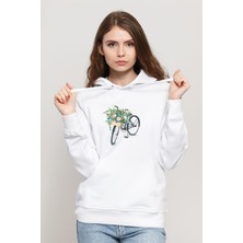 Qivi Çiçek ile Siyah Bisiklet Bisiklet Suluboya Baskılı Beyaz Kadın Örme Kapşonlu Sweatshirt Uzun Kol
