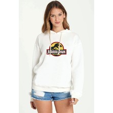 Qivi Jurassic Park Logo Black Yellow Red Baskılı Beyaz Kadın Örme Kapşonlu Sweatshirt Uzun Kol