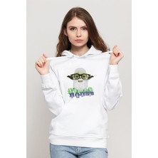 Qivi Yoda Hodja Baskılı Beyaz Kadın Örme Kapşonlu Sweatshirt Uzun Kol