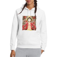 Qivi Anime One Piece King Of Pirate Baskılı Beyaz Kadın Örme Kapşonlu Sweatshirt Uzun Kol