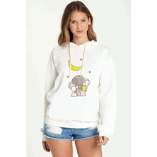 Qivi Fil ve Tavşan Baskılı Beyaz Kadın Örme Kapşonlu Sweatshirt Uzun Kol