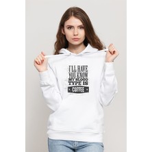 Qivi Coffee Baskılı Beyaz Kadın Örme Kapşonlu Sweatshirt Uzun Kol