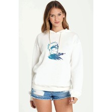 Qivi Silhouette Naruto Baskılı Beyaz Kadın Örme Kapşonlu Sweatshirt Uzun Kol