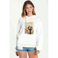 Qivi Anime One Piece King Baskılı Beyaz Kadın Örme Kapşonlu Sweatshirt Uzun Kol