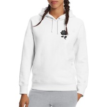 Qivi Silhouette Rose Baskılı Beyaz Kadın Örme Kapşonlu Sweatshirt Uzun Kol
