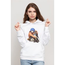 Qivi Anime Neon Genesis Evangelion Baskılı Beyaz Kadın Örme Kapşonlu Sweatshirt Uzun Kol