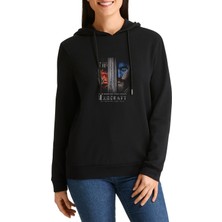 Qivi Warcraft Two Worlds One Home Baskılı Siyah Kadın Örme Kapşonlu Sweashirt Uzun Kol