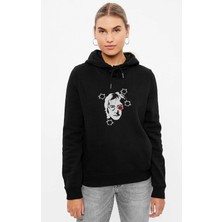 Qivi John Lennon Baskılı Siyah Kadın Örme Kapşonlu Sweashirt Uzun Kol