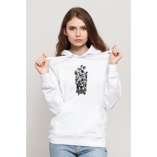 Qivi Stanger Things Gang Draw Baskılı Kadın Örme Kapüşonlu Beyaz Sweatshirt Uzun Kol