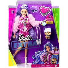 Barbie Extra Mor Saçlı Bebek, Pembe Ayıcıklı Kot Ceketi ve Şortu, Köpek Figürü, Mor Renkli Uzun Kıvırcık Saçları, Aksesuarları ve Bükülebilen Eklemleri ile, 3 Yaş ve Üzeri Gxf08