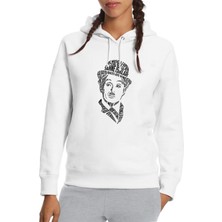 Qivi Charlie Chaplin Tipografi Baskılı Beyaz Kadın Örme Kapşonlu Sweatshirt Uzun Kol