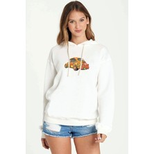 Qivi Renkli Baskılı Vosvos Tosbağa Baskılı Beyaz Kadın Örme Kapşonlu Sweatshirt Uzun Kol