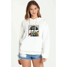Qivi The Umbrella Academy Gang Rain Baskılı Beyaz Kadın Örme Kapşonlu Sweatshirt Uzun Kol