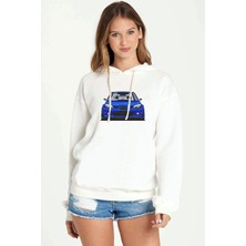 Qivi Subaru Stı Baskılı Beyaz Kadın Örme Kapşonlu Sweatshirt Uzun Kol