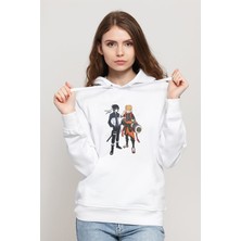 Qivi Anime Naruto Baskılı Beyaz Kadın Örme Kapşonlu Sweatshirt Uzun Kol