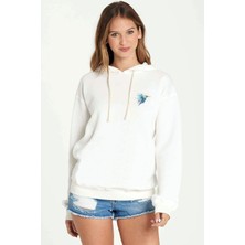 Qivi Sinek Kuşu Sulu Boya Damlacıklı Göğüs Baskılı Beyaz Kadın Örme Kapşonlu Sweatshirt Uzun Kol