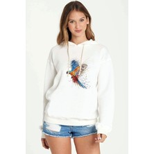 Qivi Papağan Sulu Boya Damlamalı Baskılı Beyaz Kadın Örme Kapşonlu Sweatshirt Uzun Kol