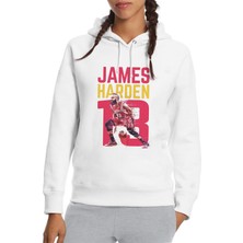 Qivi James Harden Basketbolcu Sporcu Baskılı Beyaz Kadın Örme Kapşonlu Sweatshirt Uzun Kol