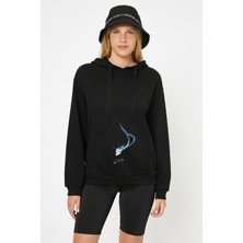 Qivi Anime Amoled Baskılı Siyah Kadın Örme Kapşonlu Sweashirt Uzun Kol