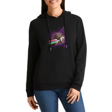 Qivi Space Unicorn Baskılı Siyah Kadın Örme Kapşonlu Sweashirt Uzun Kol