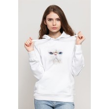 Qivi White Cat Baskılı Beyaz Kadın Örme Kapşonlu Sweatshirt Uzun Kol