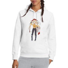 Qivi Anime Naruto Baskılı Beyaz Kadın Örme Kapşonlu Sweatshirt Uzun Kol