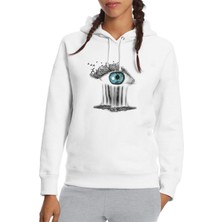 Qivi Mother Earth Save Mother Eyes Baskılı Beyaz Kadın Örme Kapşonlu Sweatshirt Uzun Kol