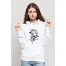 Qivi Ghost Rider Baskılı Beyaz Kadın Örme Kapşonlu Sweatshirt Uzun Kol