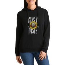 Qivi Guns N Roses Metal Rock Müzik Baskılı Siyah Kadın Örme Kapşonlu Sweashirt Uzun Kol