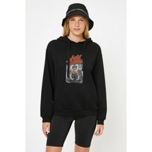 Qivi Arctic Monkeys Metal Rock Muzik Baskılı Siyah Kadın Örme Kapşonlu Sweashirt Uzun Kol