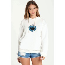 Qivi Kurabiye Canavari Baskılı Beyaz Kadın Örme Kapşonlu Sweatshirt Uzun Kol
