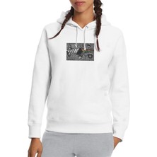 Qivi V Pink Floyd Dark Side Of Baskılı Beyaz Kadın Örme Kapşonlu Sweatshirt Uzun Kol