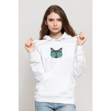 Qivi Cat Kedi V Baskılı Beyaz Kadın Örme Kapşonlu Sweatshirt Uzun Kol