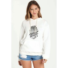 Qivi Leyla Sev Beni Baskılı Beyaz Kadın Örme Kapşonlu Sweatshirt Uzun Kol