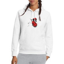 Qivi Alucard Baskılı Beyaz Kadın Örme Kapşonlu Sweatshirt Uzun Kol