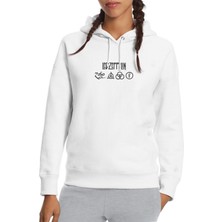 Qivi LED Zeppelin 4lü Logo Baskılı Beyaz Kadın Örme Kapşonlu Sweatshirt Uzun Kol