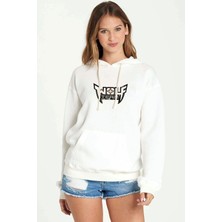 Qivi Wolfteam Logo Baskılı Beyaz Kadın Örme Kapşonlu Sweatshirt Uzun Kol