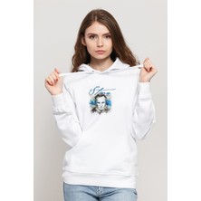 Qivi Stıng Baskılı Beyaz Kadın Örme Kapşonlu Sweatshirt Uzun Kol