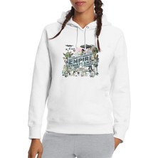 Qivi The Empire Strikes Back Baskılı Beyaz Kadın Örme Kapşonlu Sweatshirt Uzun Kol