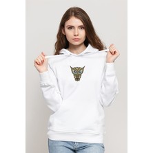 Qivi Owl Kuş Baskılı Beyaz Kadın Örme Kapşonlu Sweatshirt Uzun Kol
