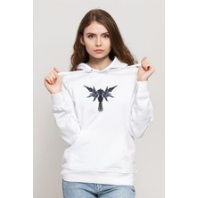 Qivi Guardian Baskılı Beyaz Kadın Örme Kapşonlu Sweatshirt Uzun Kol