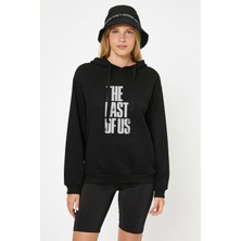 Qivi The Last Of Us Eskitme Yazlı Baskılı Siyah Kadın Örme Kapşonlu Sweatshirt Uzun Kol
