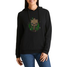 Qivi Galaxy Baby Groot Baskılı Siyah Kadın Örme Kapşonlu Sweashirt Uzun Kol
