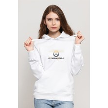 Qivi Overwatch Logo Baskılı Beyaz Kadın Örme Kapşonlu Sweatshirt Uzun Kol