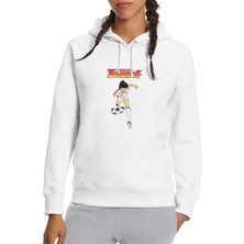 Qivi Tsubasa Captain Baskılı Beyaz Kadın Örme Kapşonlu Sweatshirt Uzun Kol