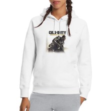 Qivi Call Of Duty Advanced Warfare Havoc Baskılı Beyaz Kadın Örme Kapşonlu Sweatshirt Uzun Kol